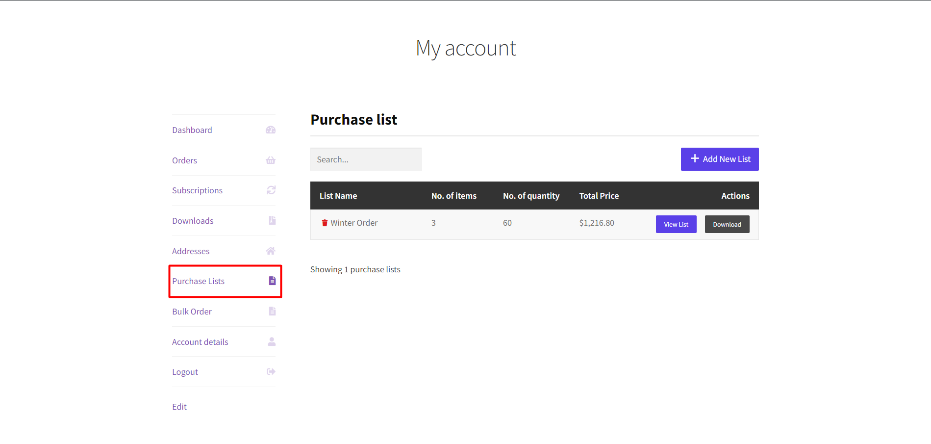 Purchase List page