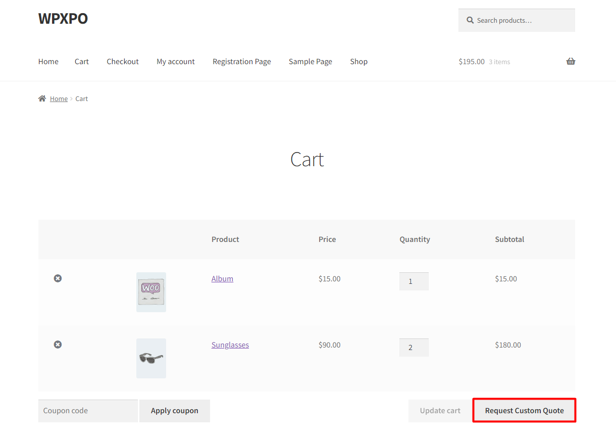 Request a Quote Button on Cart Page