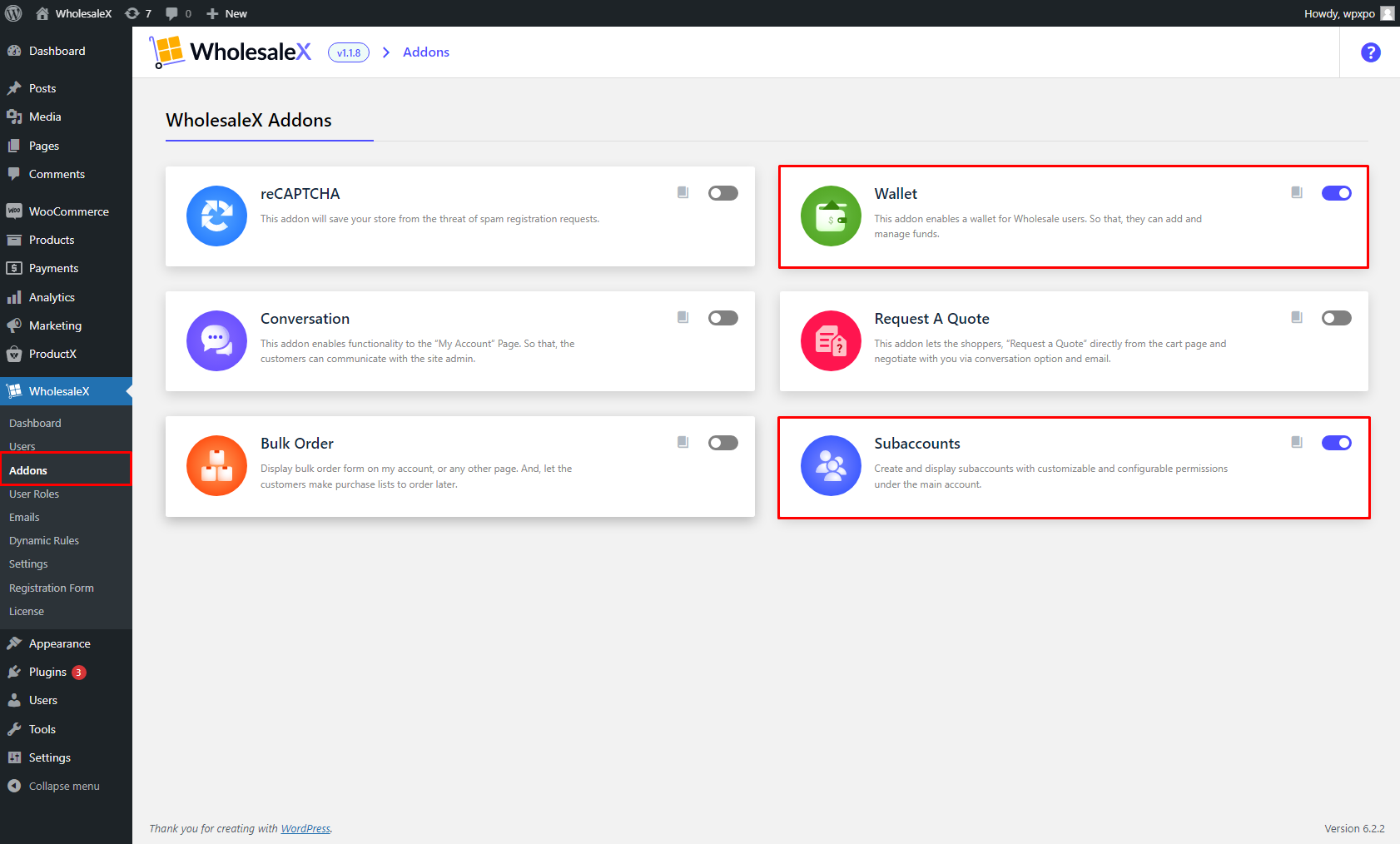Enable Subaccounts and WholesaleX Wallet Addons
