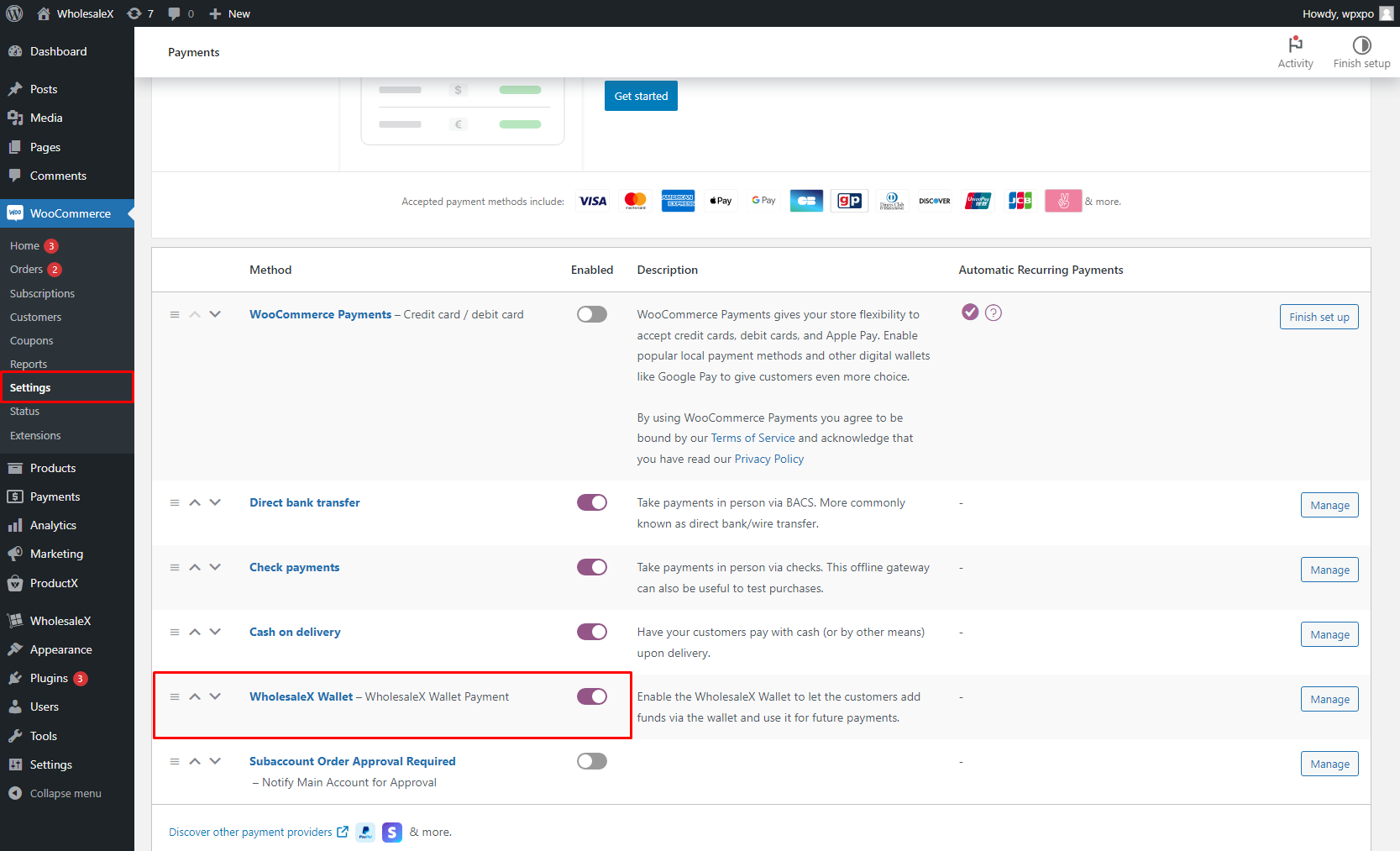 Enable WholesaleX as a Payment Method