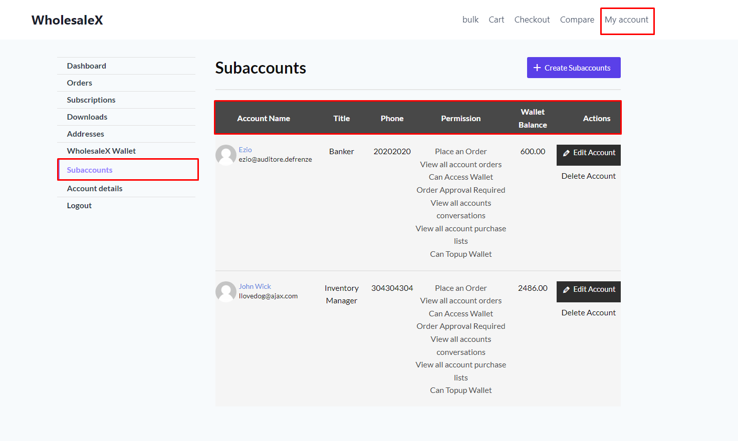 Subaccount section for Primary Account