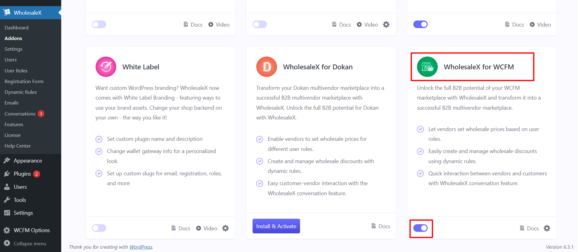 Enable the WholesaleX for WCFM Addon