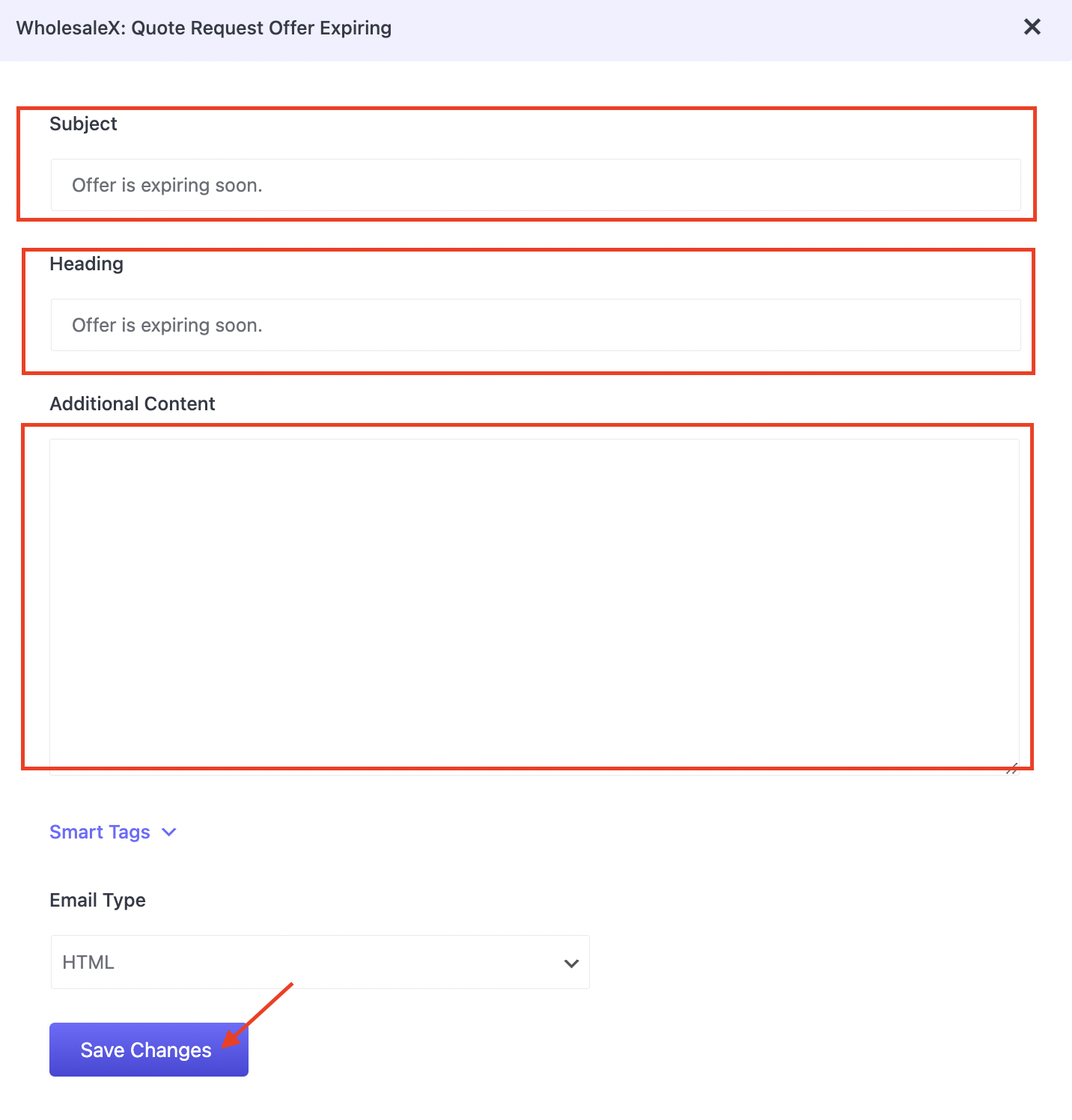 Change request a quote email template fields