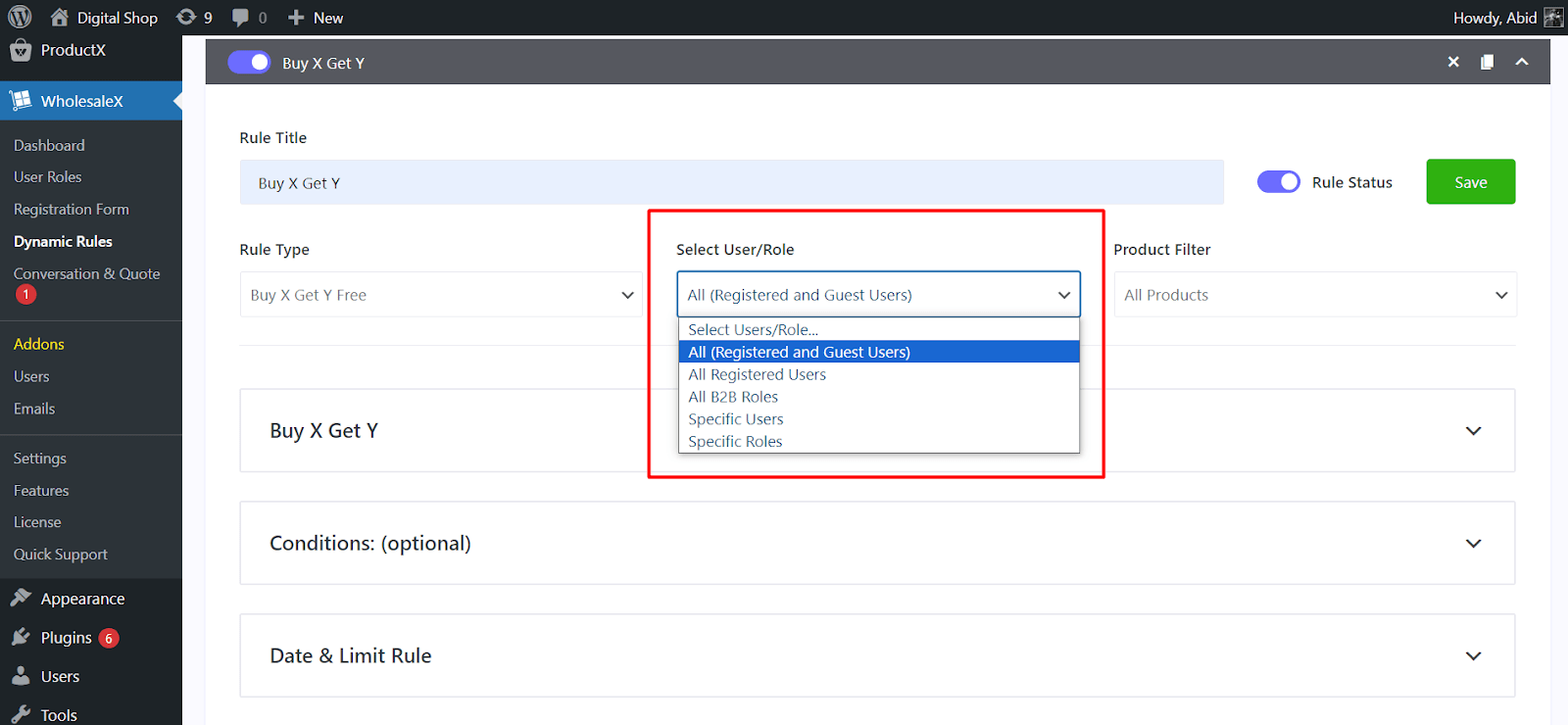 set user roles for dynamic rule