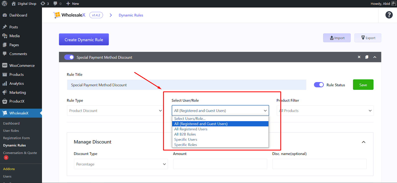 select preferred user roles for payment method discount