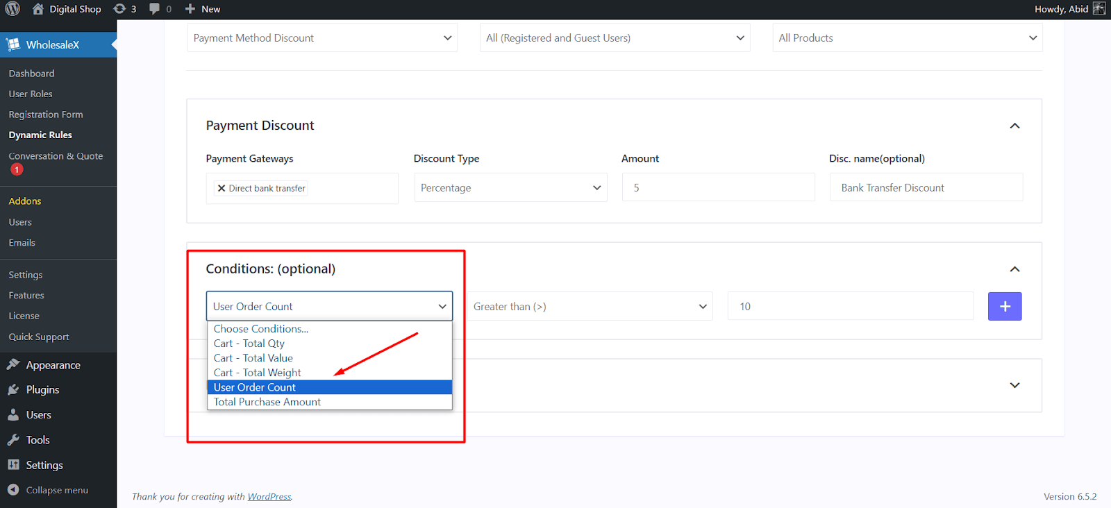 set user order count as condition