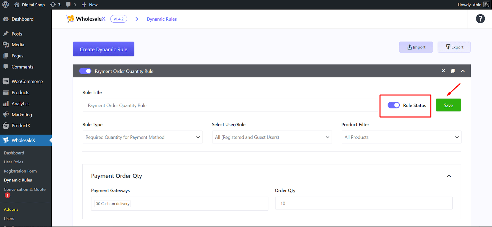 enable status for minimum order amount rule