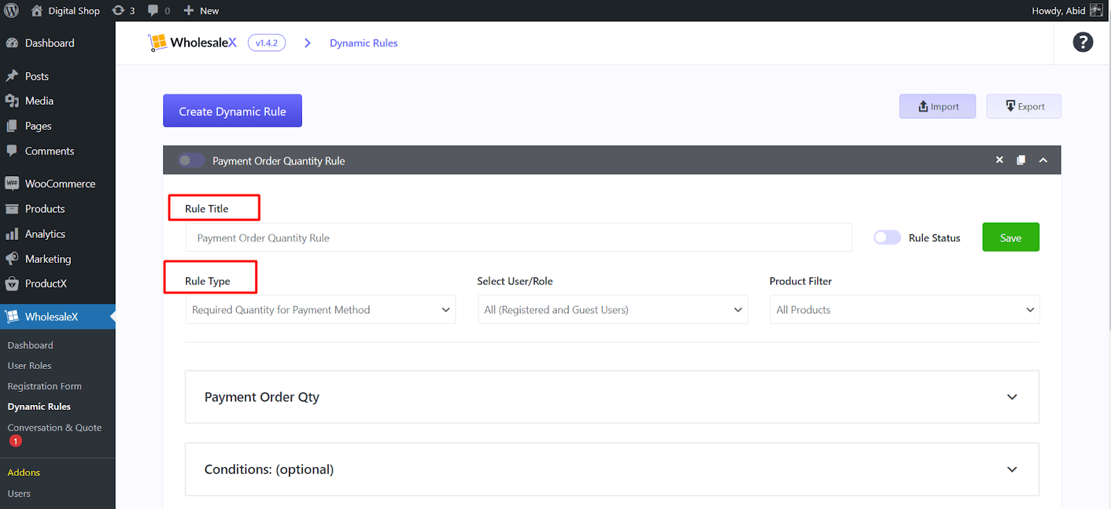 rule title and rule type for dynamic rule of minimum order amount