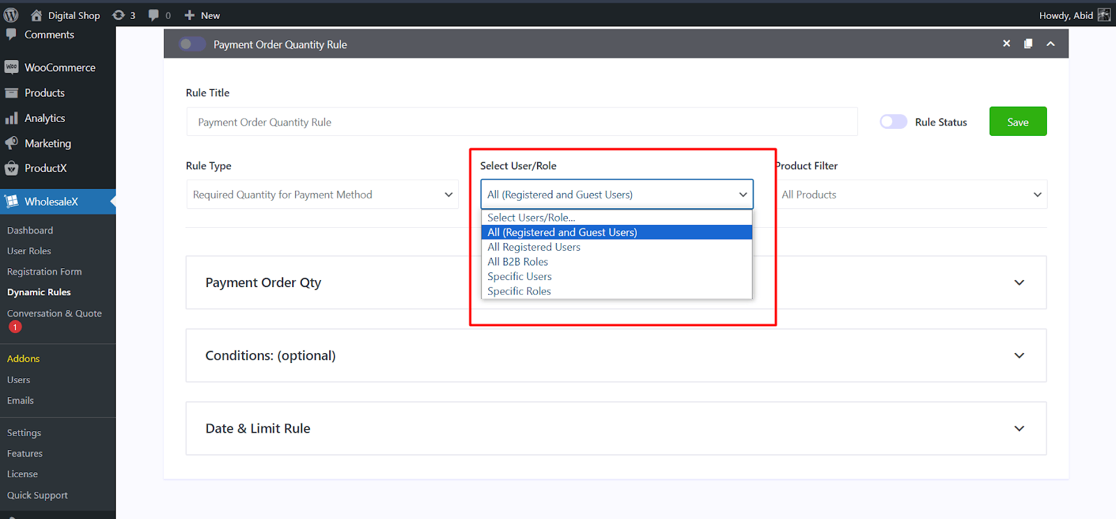 select user role for minimum order amount rule