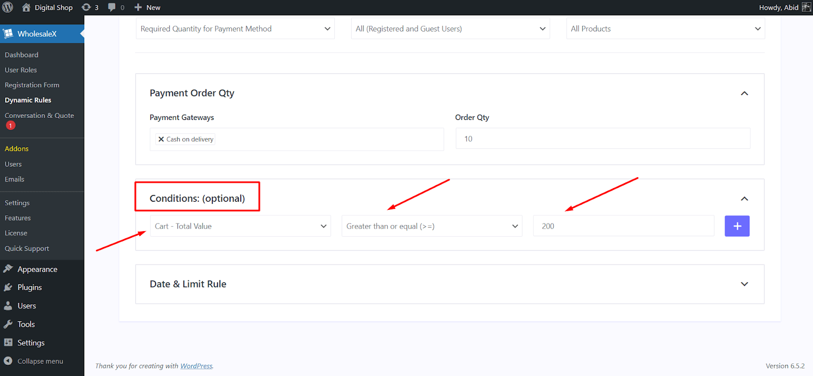 set conditions for minimum order amount rule