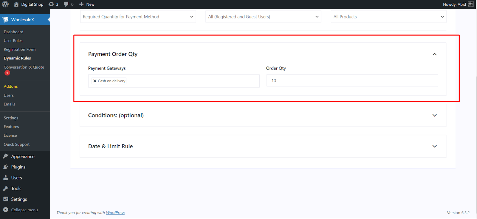 set payment gateway and order quantity for minimum order amount rule