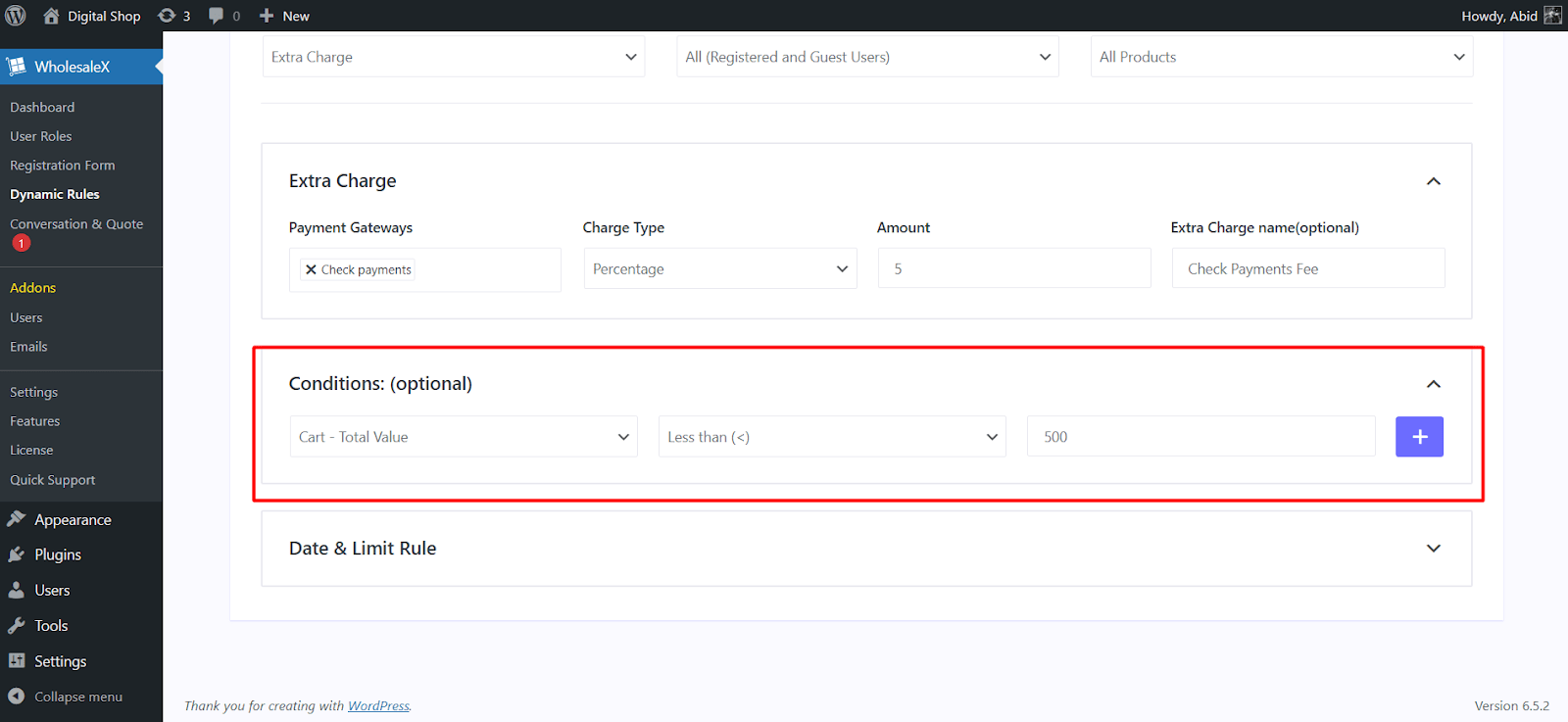 adding conditions to the payment fees rule