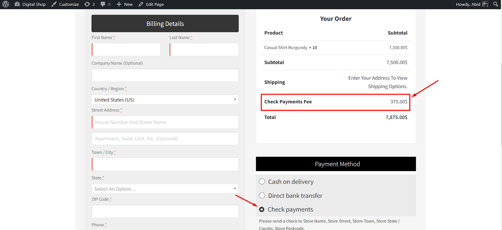 check payments fee on checkout page
